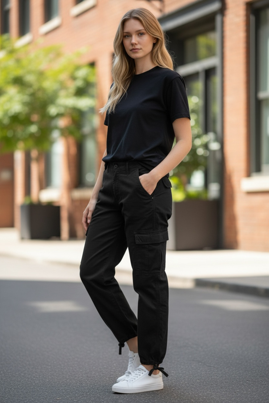 94 BAGGY Black Cargo Pants with Drawstring Cuffs, Size 32